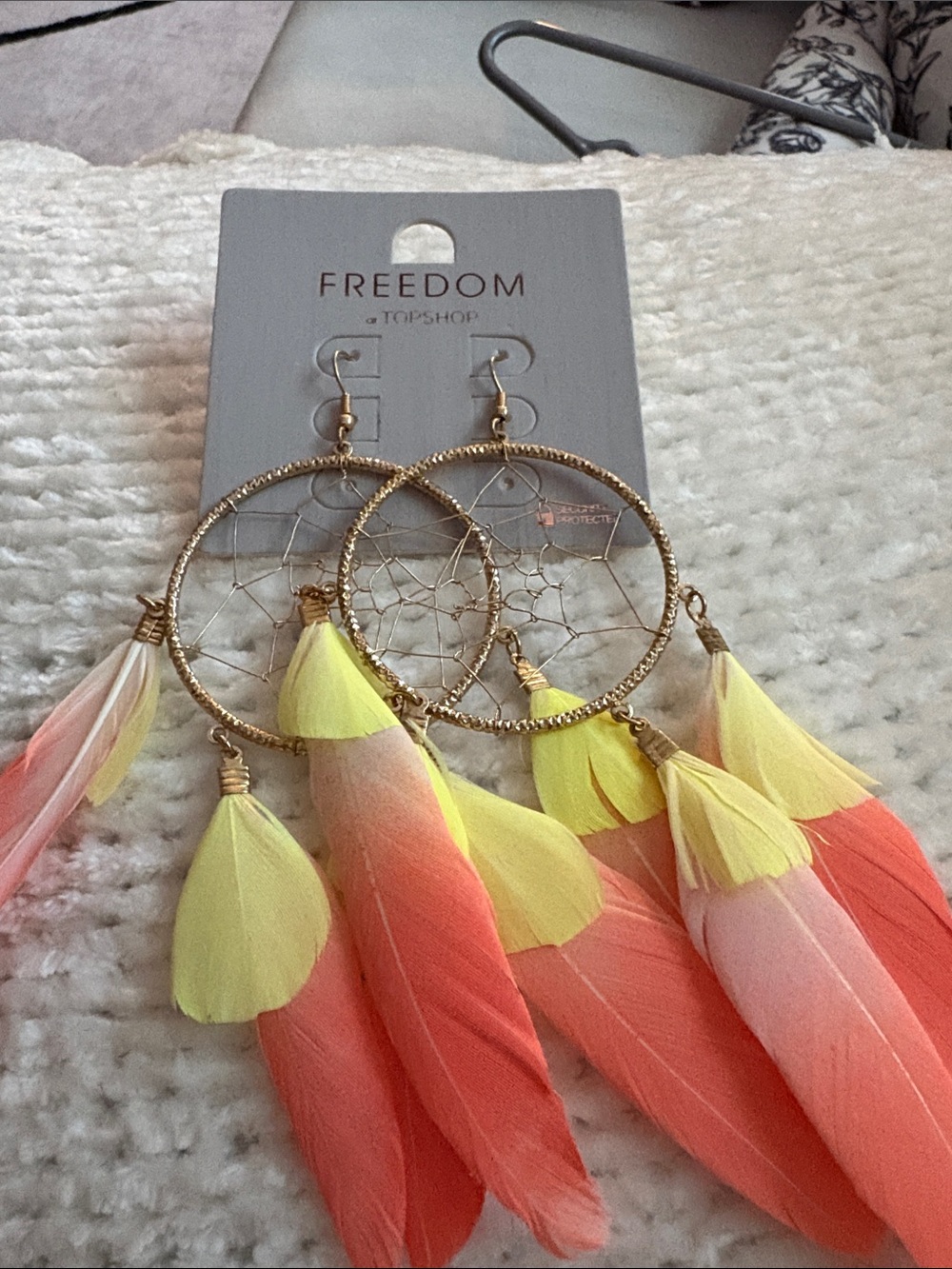Topshop Yellow and Coral Feather Dreamcatcher Hoop Earrings